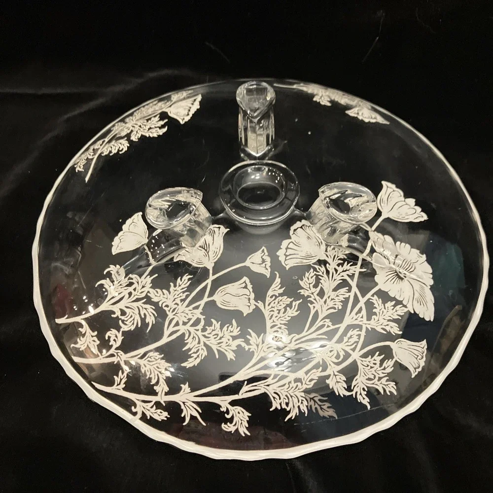 VTG Silver City Flanders Silver Overlay Glass Footed Tray Poppy Floral Design